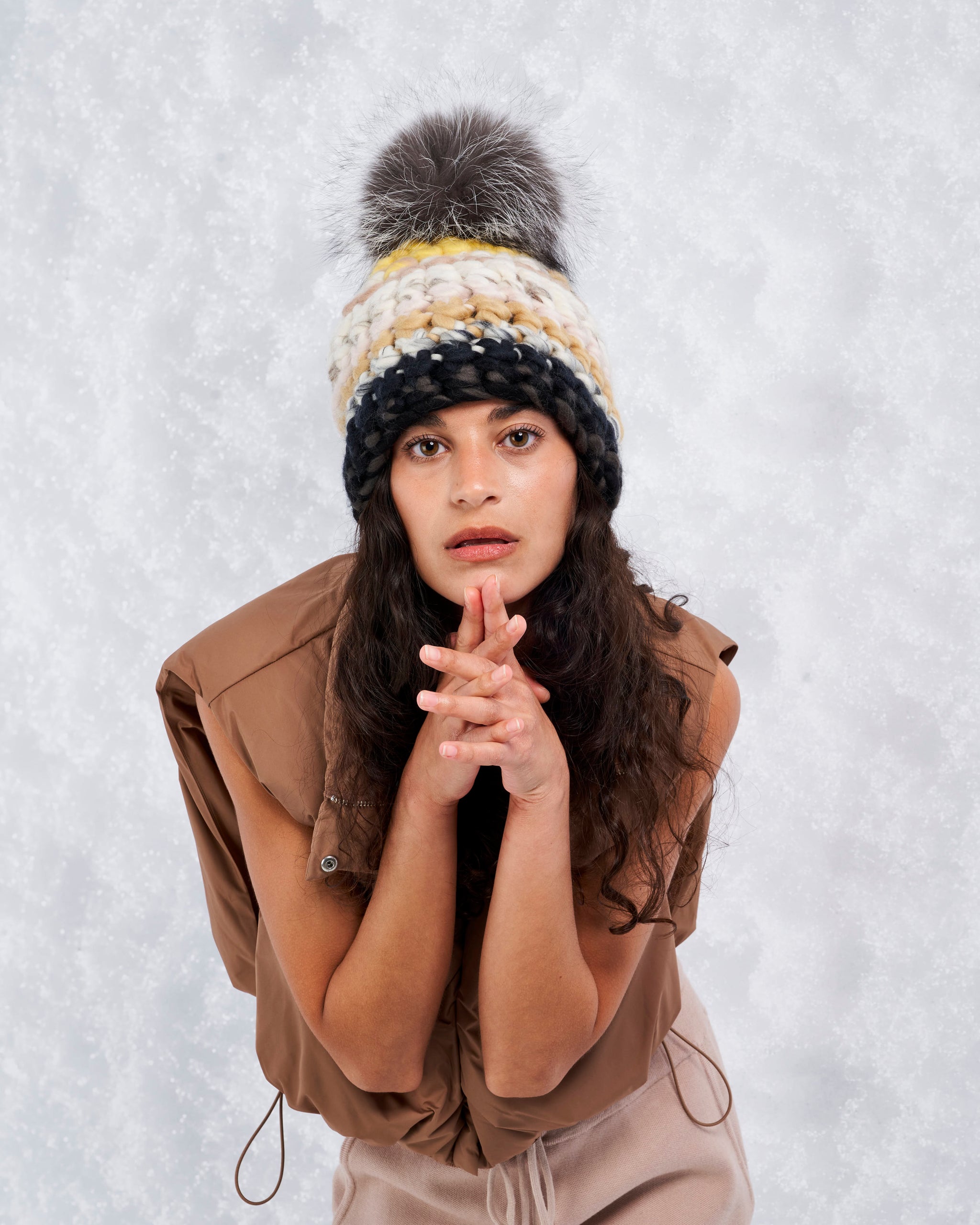 Mischa Lampert Brown Chunky Wool Knit Pom Pom Fox Fur Beanie Winter Hat sunny beanie stripe + silver fox xl pom – Mischa Lampert main image 3