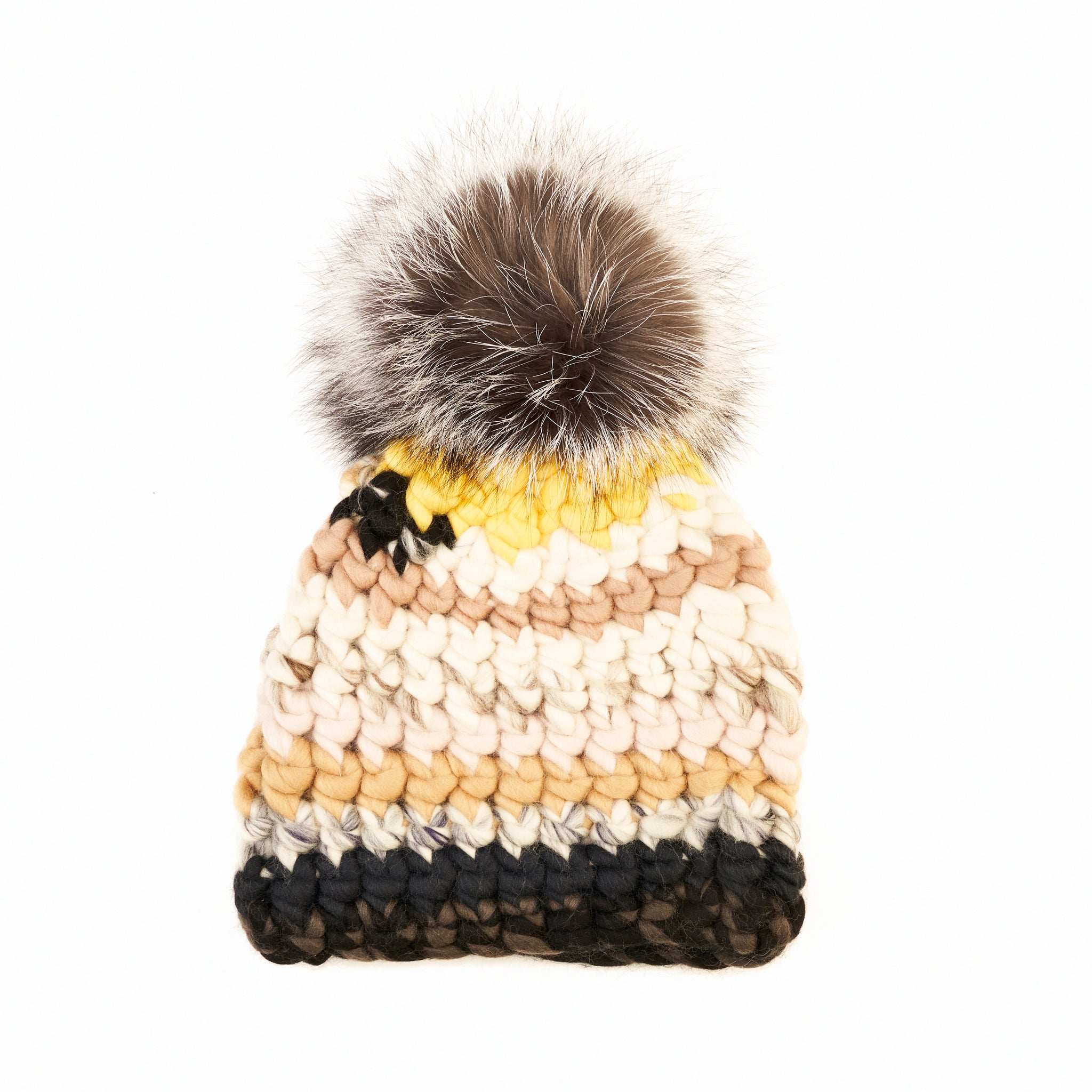 Mischa Lampert Brown Chunky Wool Knit Pom Pom Fox Fur Beanie Winter Hat sunny beanie stripe + silver fox xl pom – Mischa Lampert main image 2
